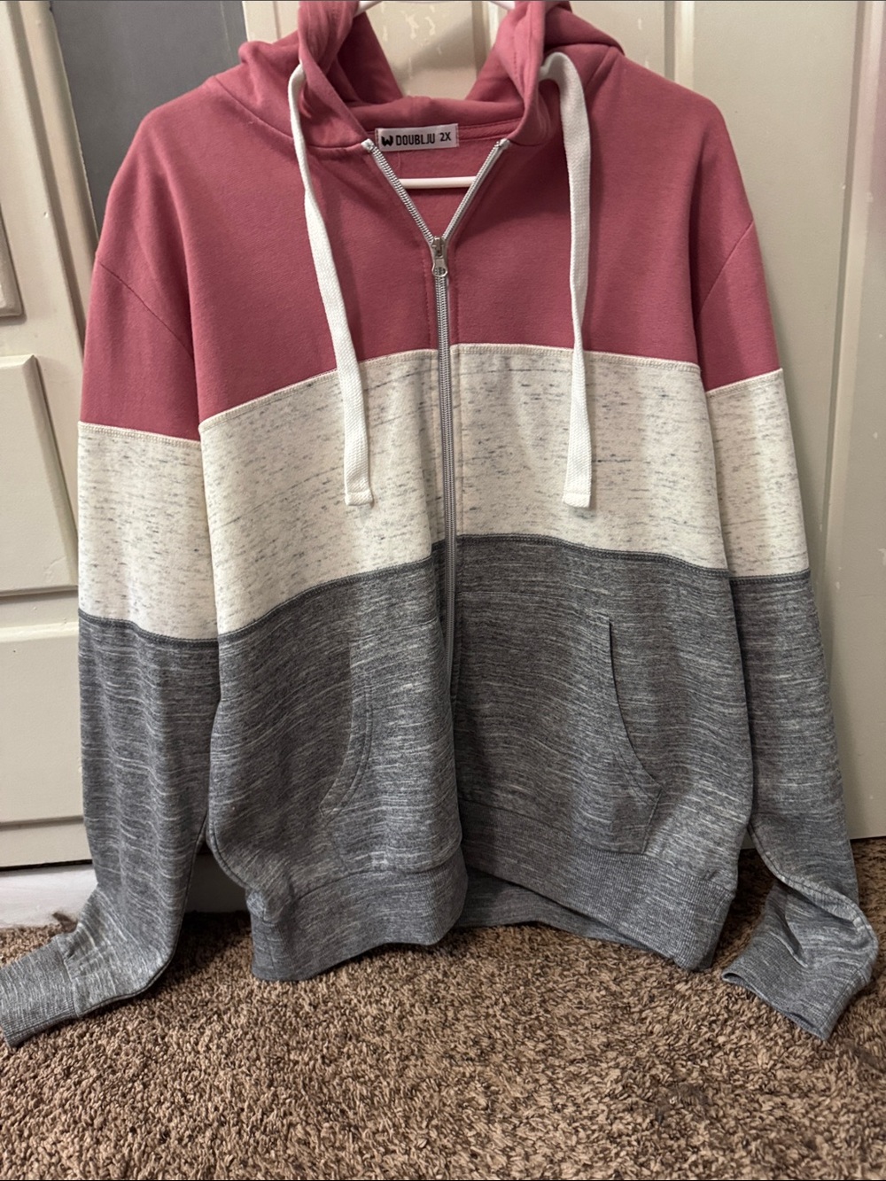 Doublju Pink Cream Gray Colorblock Zip-Up Hoodie Sweater